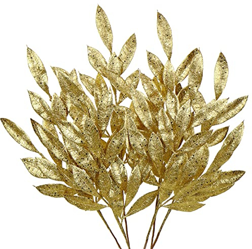 Hollyone 60CM Weihnachten Picks Glitzer 6 PCS, Weihnachtsdeko Glitzer, Weihnachten Blätter, Glitter Weihnachtsbaum Blätter Ornament Gold mit Lange Biegbare Stiele für Weihnachtsbaum Neujahr Ornamente