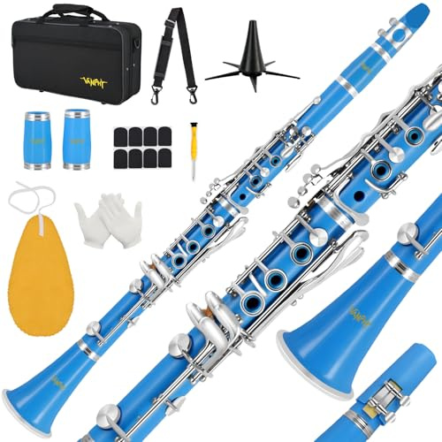VANPHY B Flat Clarinet, 17 Keys, Blue, ABS Material, Nickel-Plated Keys, Includes Case, Strap, 2 Barrels, 8 Mouthpiece Cushion, Cleaning Kit
