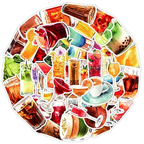 50Pcs Cocktails Stickers Laptop Car Scrapbook Phone Skateboard Suitcase Luggage Bike Cocktails Stickers Vinyl Waterproof Aesthetic Personalised Stickers for Teens Boys Girls Adults Children