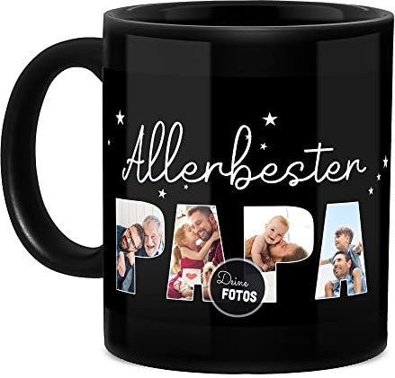 Tassendruck Schwarze Tasse mit Spruch - Allerbester Papa - Zum Selbst Gestalten mit Foto-Collage für 4 Fotos, Geschenke, Geburtstag, Vatertag | 300 ml, Personalisiertes Geschenk