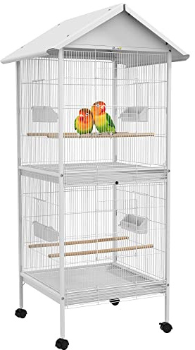PawHut Gabbia per uccelli grande a 2 piani convertibile in singola gabbia con ruote 4 mangiatoie 4 grucce e vassoi estraibili per canarini pappagalli 78 x 75 x 168 cm bianco