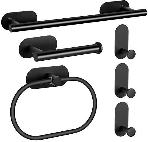 JiGiU Set 6 Pezzi Porta Asciugamani Bagno in Acciaio Inox 40cm - Ganci Autoadesivo per Accappatoio o Carta Igienica Impermeabili per Camera, Bagno, Cucina - Nero