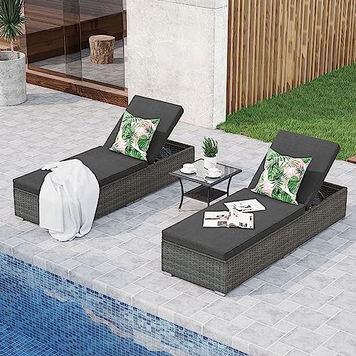 JOIVI Chaise Lounge Chairs Set of 2 w/Coffee Table, 5 Angle Backrest and Removable Cushions, PE Wicker Rattan Outdoor Lounge Chair Pool Lounger Patio Reclining Chair, 3-Piece Pool Furniture, Dark Gray
