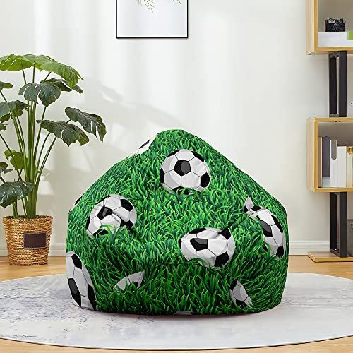 Treer Bean Bag Chair Cover - Football Printing Large Beanbag for Kids & Adults, Linen Sofa Cover, Stuffed Toys Storage Bag Without Filling (39.4x47.2in, Green Football)