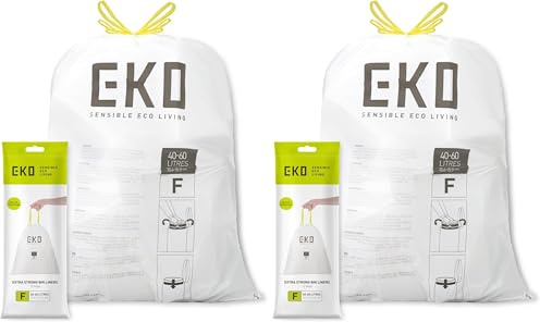 EKO Drawstring Bin Bags, Kitchen Bin Liners, 40-60 Litre, 24 Count, Code F | Leakproof and Tear-Resistant, Unscented Food Waste Bags, Bin Liners, Rubbish Bags, Refuse Sacks, Trash Bags, Fragrance-Free
