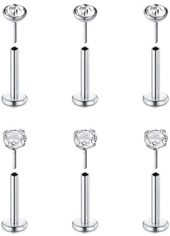 FECTAS 6pcs Threadless Push-in Lip Bars Labret Stud Piercing in Acciaio Inox 16G 8mm Tragus Cartilage Helix Orecchino Piercing Gioielli Argento 3mm CZ