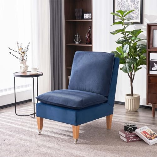 Sepnine Armloser Sessel, Moderner Lesesessel aus Cordsamt, Loungesessel für Schlafzimmer mit Zwei Rädern, geeignet für Wohnzimmer, Schlafzimmer und Empfangsbereich, Karamell (Blau)