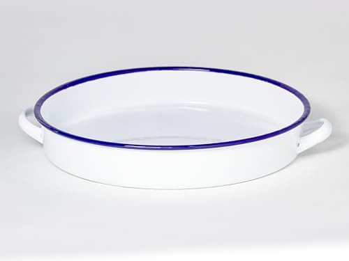 Bandeja Fuente Redonda Con Asas 30 cm Acero Esmaltado Ribete Azul Apta Horno Lavavajillas