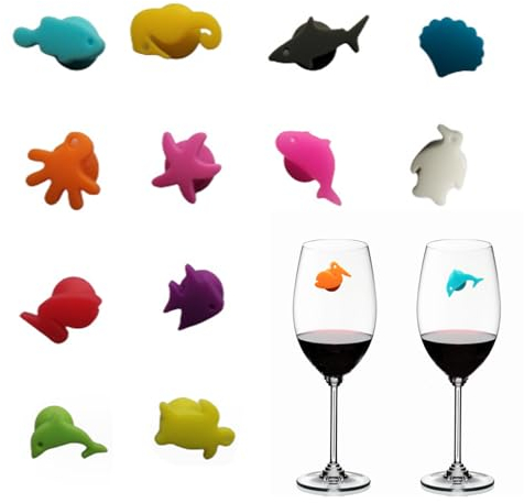 Spldsun 12 Stück Glasmarkierer Silikon, Glasmarkierer, Weinglas Marker, für Anlässe, Partys und Feiern, Bar Party Tischdekorationen