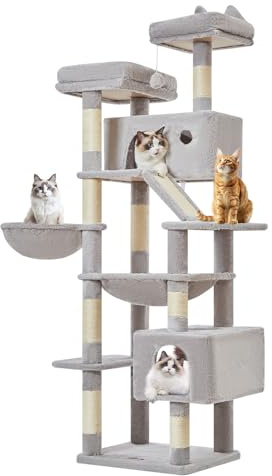 Taoqimiao Rascador para Gatos 180cm, Árbol para Gatos Grandes, 8 Postes de Sisal para Arañar, Panel Rascador, Hamaca Suave, 2 Plataformas Acolchadas Superiores, MS026LW Gris Claro