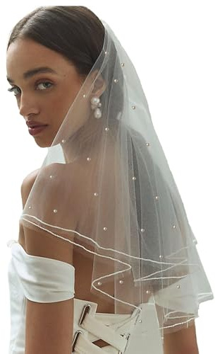 AOREAS weißer kurzer Hochzeitsschleier, Perlen, Strass, Brautschleier, Brautschleier, Junggesellinnenabschied, Schleier für Bräute und Frauen