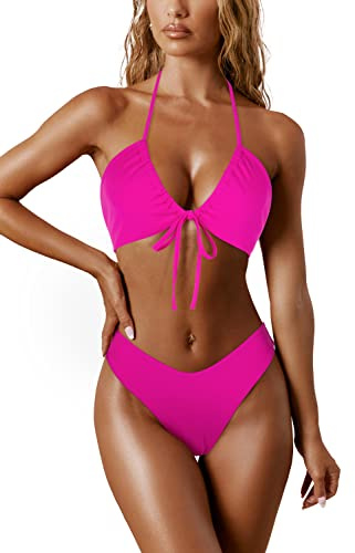 RXRXCOCO Sexy Brazilian Bikini Damen Set Triangel String Oberteil Bikini Set Tanga Bademode Rosenrot Size M