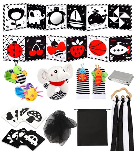Perbabe Baby Sensory Toys, 31 PCS Black and White Sensory Toys 0-12 Month Newborn Toys with Black&Red Baby Book, Sensory Cards, Ribbon Ring, Babys Socks, Babys Wrist, Tummy Time Toy for Baby Gifts