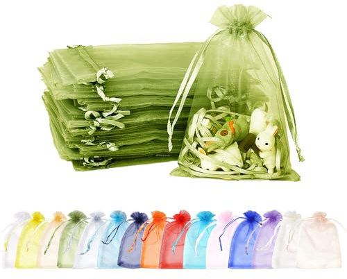 100 Stück Armeegrün Organzasäckchen, kleine Geschenkbeutel mit Kordelzug für Hochzeit, Schmuck und Weihnachten