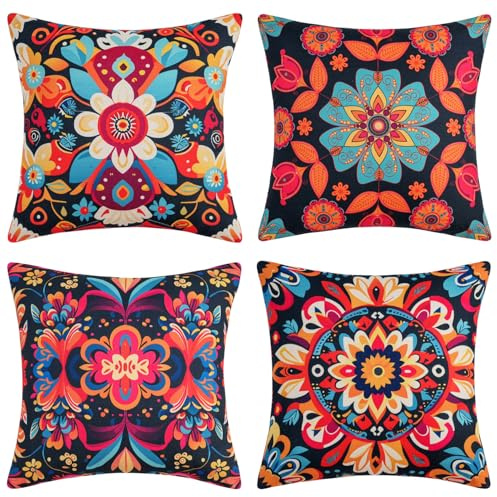 DakTou 50x50 cm Kissenbezug 4er Set Linen Boho Kissenhüllen Kissenbezüge Retro Buntes Mandala Floral Muster Dekokissen Sofakissen Zierkissenbezug für Sofa Couch Bett Garten Outdoor Home Decor