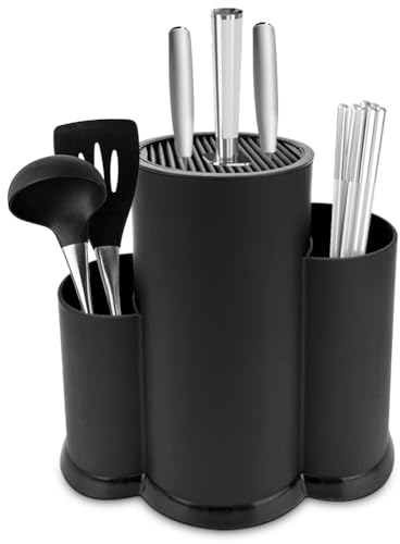 Ceppo portacoltelli senza coltello, nero, supporto per blocco coltelli non equipaggiato, rotondo, 3 in 1, multifunzione, con fessure per tutti i coltelli da cucina, adatto per grandi dimensioni
