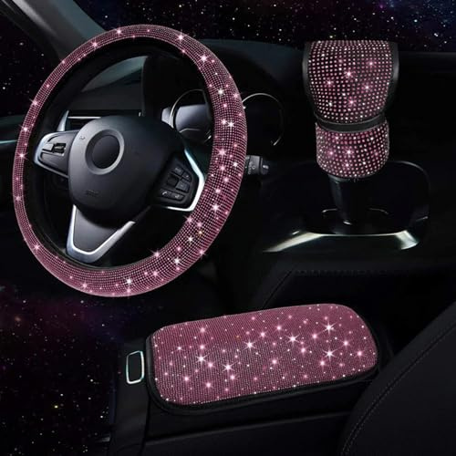 Pumwoy Lenkradbezug Glitzer Crystal Lenkrad Abdeckung, Universal rutschfest Lenkrad Abdeckung(36-38cm), Auto-Dekozubehör Armlehnenbezüge Schaltknauf Abdeckung, Bling Bling Lenkradhülle (Rosa)