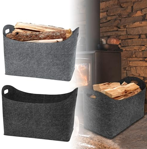 MAYTIIMO 2 Stück Faltbar Kaminholztasche aus Filz Holzkorb Filztasche Filzkorb für Kaminholz 55 x 30 x 40 cm Multifunktionale Aufbewahrungstasche Shopper Kaminholzkorb für Brennholz, Hellgrau