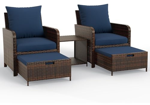 UDPATIO Balcony Furniture Patio Chairs with Hidden Ottoman 5 Piece Patio Furniture Set with Side Table for Front Porch, Blue Cushion