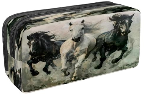 VAPOKF Trousse à crayons avec fermeture éclair pour garçons et filles, fournitures scolaires et de bureau, chevaux noirs et blancs au galop, multicolore, 2.3x8.2x3.9in/6x21x10cm, Trousse à crayons