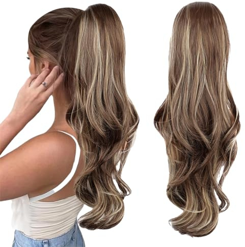 AOWVUTS Gewellt Pferdeschwanz Haarteil Lange Wellig Lockige Haarextension Synthetik Zopf Haarverlängerung mit Kordelzug Pferdeschwanz Verlängerung Haarteil Ponytail Extension für Damen (Goldbraun)