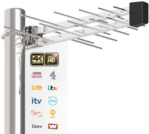 Outdoor TV Aerial for Freeview – Weatherproof Digital HD Aerial for 4K/1080p Reception, Supports DVB-T/T2, UHF/VHF Signal, Roof or Attic Installation, 26.25FT Coax Cable, No Amplifier Required