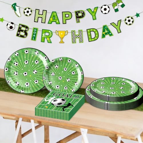 Roaring Good Time Vajilla de fiesta de fútbol, platos de papel, servilletas, pancarta, vajilla desechable, suministros de fiesta para cumpleaños, decoración de la Copa del Mundo de