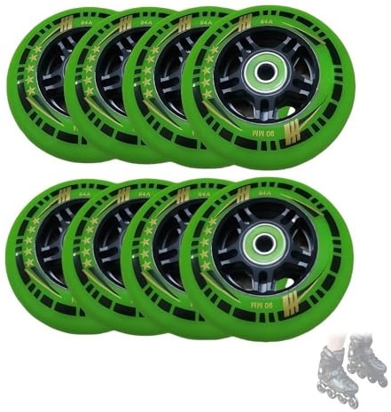 woxefo Mit Lagern Inline Skate Räder 84A Rollschuhrollen PU Material Leise, langlebig,Sanftes Gleiten 90 MM 8Er Pack Geeignet für Asphalt und Beton(Grün)