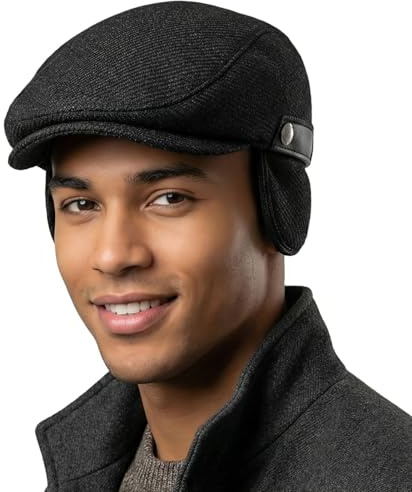 HIQIU Verstellbare Schiebermütze Herren Winter Warme Barett Cap - Flatcap Herren Schirmmütze Winter Newsboy Cap mit Versteckte Ohrenklappen