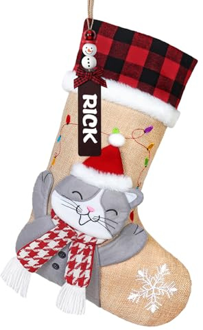 DEMIUKO Julstrumpor 45 cm stora strumpor klassisk röd buffel julstrumpor väska linne jul godispåse med 3D katt filt mönster generös presentkapacitet för semester hem juldekorationer