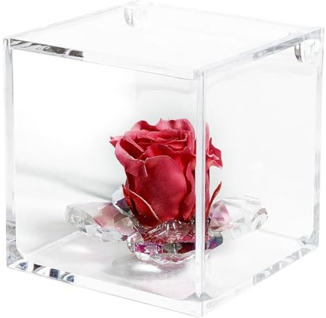 Debora Carlucci Rosa Stabilizzata Vera Eterna con 4 Petali in Cubo 8x8 cm Idea Regalo Festa della Mamma Donna Bomboniera Compleanno Anniversario Matrimonio Blu Bianco Rosa Rossa (Rosso)
