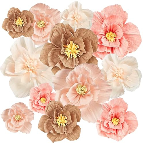 Jarudlc 12 Pièces Décoration Pompons, Pompon Papier de Soie, Décorations Fleurs Papier, Fleurs Artificielles, Decoration Anniversaire, Beige, Rose, Marron, Fêtes Mariage, Carnaval, Fêtes Prénatales