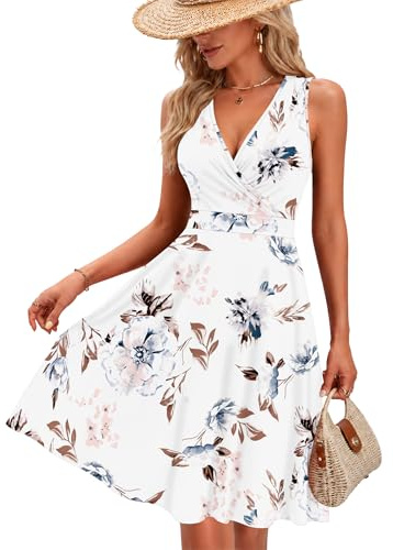AUSELILY Women Summer Dress V-Neck Sleeveless Pocket White Flower L