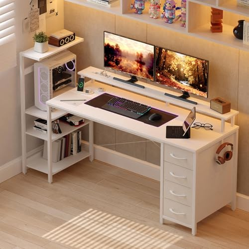 YOUDENOVA Gaming Desk with 4 Drawers, Computer Desk with LED Lights & Power Outlets, 150×48 cm Reversible Office Desk with Monitor Stand, White PC Desk with Shelves & Headphone Hook
