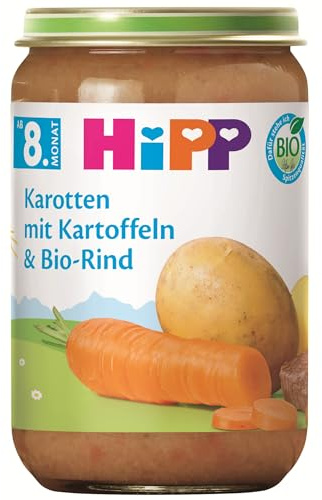 HiPP Bio Karotten mit Kartoffeln & Bio-Rind (6 x 220g), Baby-Menü ab 8. Monat, ohne Salzzusatz, mit Omega-3, glutenfrei, mit feinen Stückchen – zum Kauenlernen