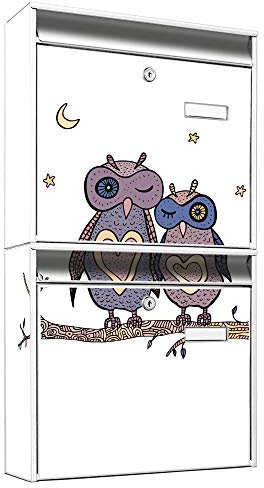 banjado Briefkastenanlage 2 Fach - 2 Briefkästen 36x64x10cm groß - Doppelbriefkasten Set - Namensschild, 2 Schlüssel, Montagematerial - Stahl verzinkt weiß - Motiv Eulen Herz
