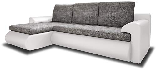 Ecksofa Santi - Polsterecke L-Form, Schlafsofa mit Bettkasten, Couchgarnitur mit Schlaffunktion, Couch, Sofa, Sofagarnitur (Weiß + Grau (Madryt 120 + Berlin 01), Ecksofa Links)