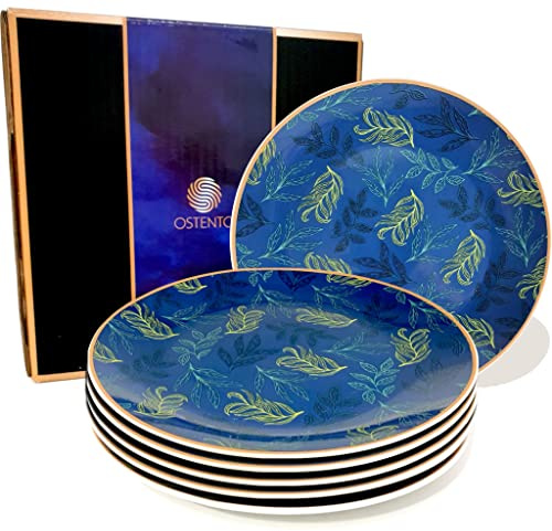 OSTENTO Porzellan Teller - Frühstücksteller | Kuchenteller | Dessertteller 6er Set ≈Ø 20 cm (8 Zoll), modell- Nordic Blue
