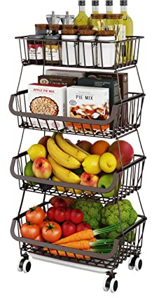 Miyawell Fruit Vegetable Storage Basket for Kitchen - 4 tier Stackable Metal Wire Baskets Cart with Rolling Wheels Utility Fruits Rack Produce Snack Organizer Bins for Pantry Bathroom Laundry Bronze