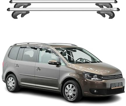 Menabo Dachträger Grundtäger kompatibel mit VW Touran mk1 2010-2015 FL Aluminium 90kg Silber 2tlg Offene Reling für Fahrradträger, Dachboxen, Skiträger Abschließbar