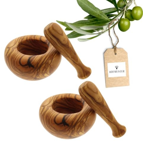 2X HOFMEISTER® Mörser und Stößel, 2er Set aus Olivenholz, auffällige Maserung, hart und robust, zum Zerstoßen von Gewürzen und Kräutern, Durchmesser 10 cm (2 Stück)