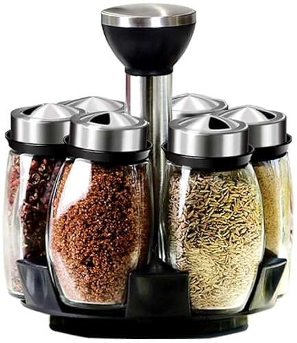 Portaspezie Girevole a 360° con 6 Barattoli in Vetro, barattoli con Tappi spargispezie Organizer da Cucina,Supporto per condimenti