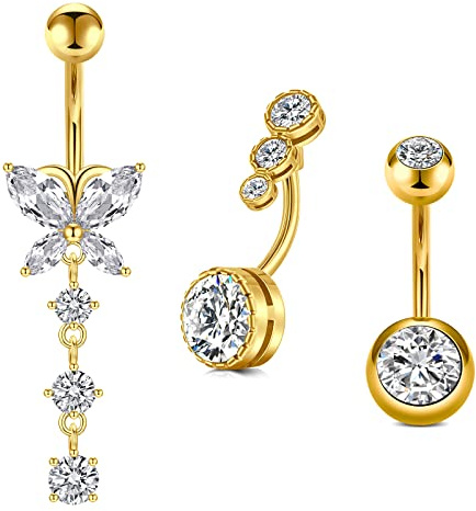 FECTAS 3pcs Anello con Ombelico Argento Top Zirconia 316L Acciaio Chirurgico 14G Ombelico Bar Gioielli Piercing