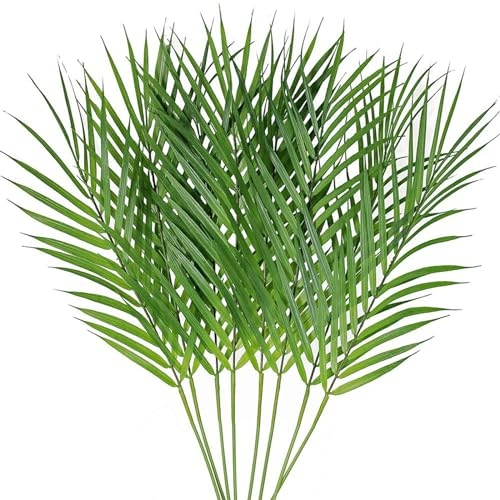 Weldomcor 8PCS Artificial Palm Leaves Fake Greenery Stems, Faux Plastic Tropical Areca Tree Leaf Plants, Branches Fronds Sunday Hawaiian Luau Jungle Wedding Birthday Party Decor (PL-154)