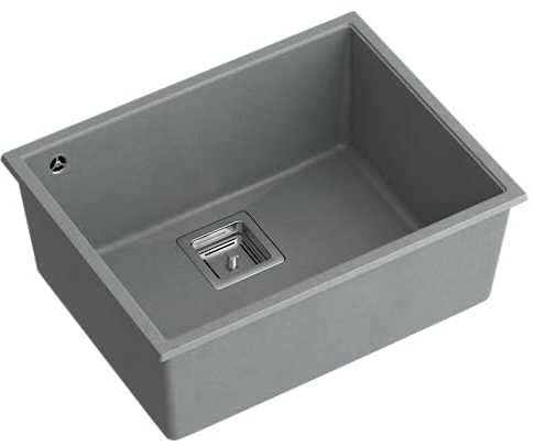 QUADRON Einbeckenspüle Granitspüle Spüle Küche | Größe 55 x 42 x 22,5 cm Farbe: Grau & Stahl | DAVID 50 Einzelbecken Küchenspüle | Granit Spülbecken | mit manuellem Siphon