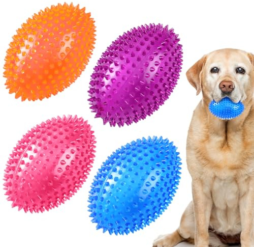 Silipull 4 Pcs Spiky Football Dog Toy Balls Squeaky,Vivid,4.5 X 3.1 Inch