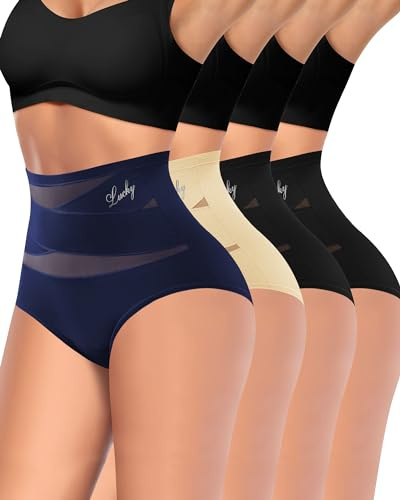 MIOTAN Women's Underwear 4 Pack Tummy Control High Waisted Postpartum Ladies Panties Compression Post Partum Nylon, Multicolor, XL