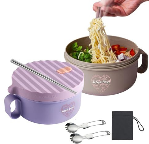 Ramen Bowl Set of 2, Soup Bowl with Lid, College Dorm Gift, Beige & Purple