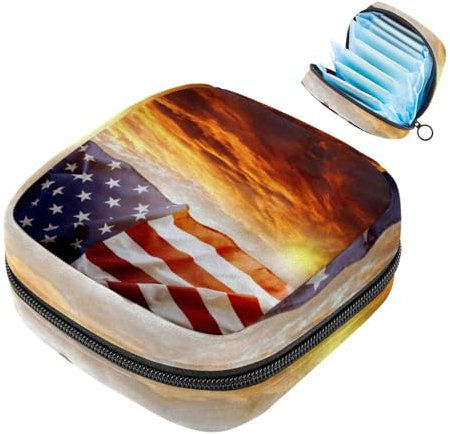 Sunset USA Flag Damenbinden Aufbewahrungstasche, große Menstruationstassentasche mit Reißverschluss, Periodeneinlagen, Tasche, Slipeinlagen, Tampons für Mädchen und Frauen
