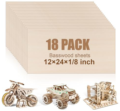 18 Pack 12x24x1/8 Inch Basswood Sheets, Large Size Basswood for Laser Cutting & Engraving, Plywood Wood Board Unfinished Wood Sheets for Crafts, DIY Architectural Modls, Wood Burning and Painting.